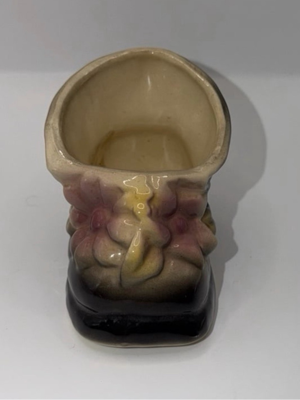 Vintage Ceramic Black Boot with Pink and Yellow Flower Planter